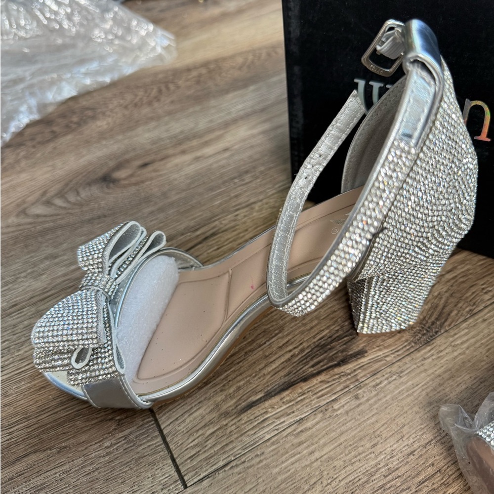 Sparkling Silver Women's Heels with Bow Accent